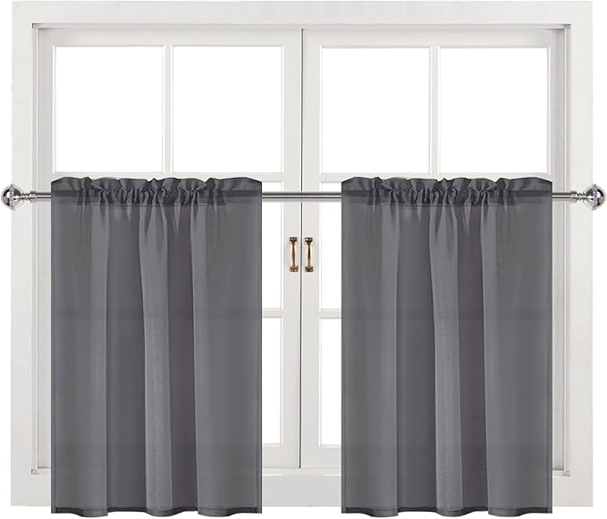 DWCN Dark Grey Sheer Curtains for Kitchen Windows - Rod Pocket Semi Transparent Voile Tier Curtains for Bedroom, Living Room, Farmhouse, 36 x 36 inches Long, Set of 2 Panels