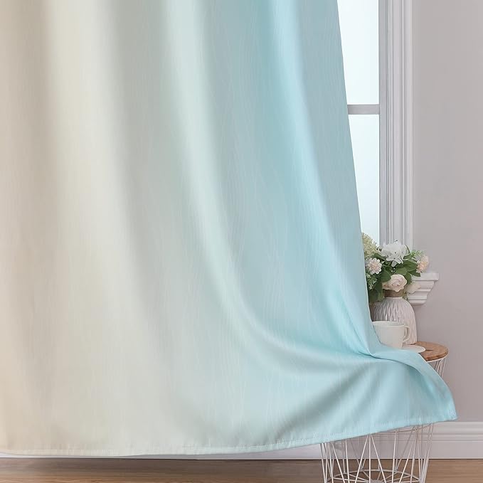 Estelar Textiler Full Room Darkening Gradient Blackout Curtains 72 Inch Length 2 Panels Set, Ombre Aqua and Beige Thermal Insulated Full Light Blocking Grommet Blackout Drapes for Bedroom, 52Wx72L