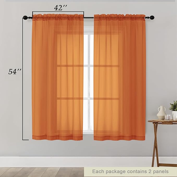 Sheer Orange Curtains for Bedroom Living Room 54 Inch Length 2 Panels Set, Solid Soft Airy Light Filtering Window Treatments, Modern Rod Pocket Drapes, Orange, 42" Wx54 L Inches