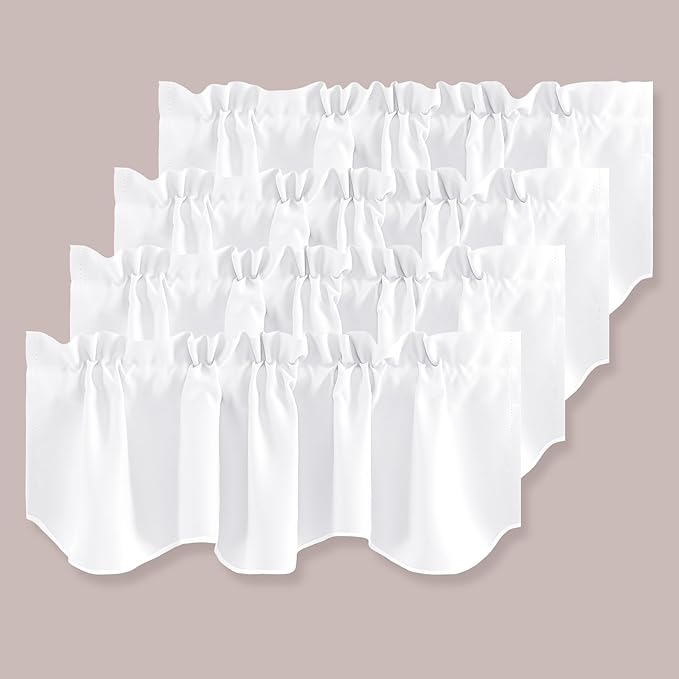 H.VERSAILTEX 4 Panels Blackout Curtain Valances for Kitchen Windows/Living Room/Bathroom Privacy Protection Rod Pocket Decoration Scalloped Window Valance Curtains, 52" W x 18" L, Pure White