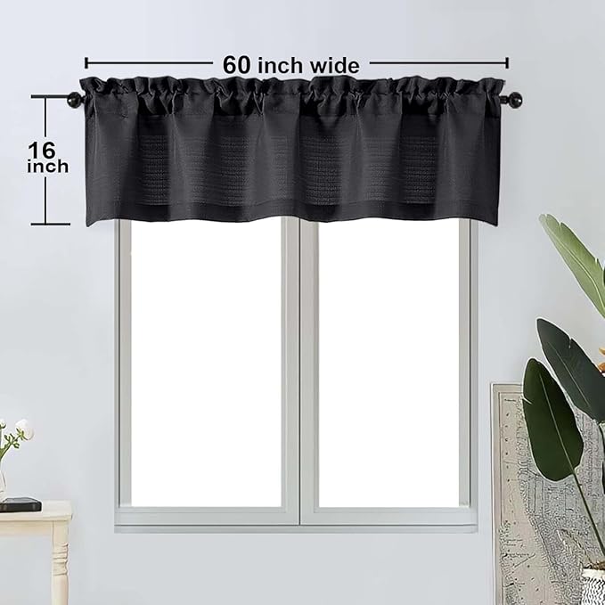 OWENIE Bob 1 PCS Black Valances for Windows, Faux Linen Textured Kitchen Window Curtains Valance for Bedroom Living Room, Modern Soft Airy Solid Rod Pocket Bathroom Cafe Curtain, 60Wx16L Inch