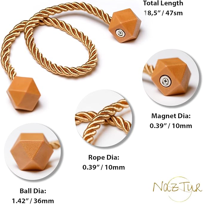 NazTur Magnetic Curtain Tiebacks- Upgrade 2022 with a Thicker Twist Rope & Strong Magnet Tieback Window Treatment Holdbacks Draperies Holders Decorative Drape Handmade Tie Back (Gold, 2)