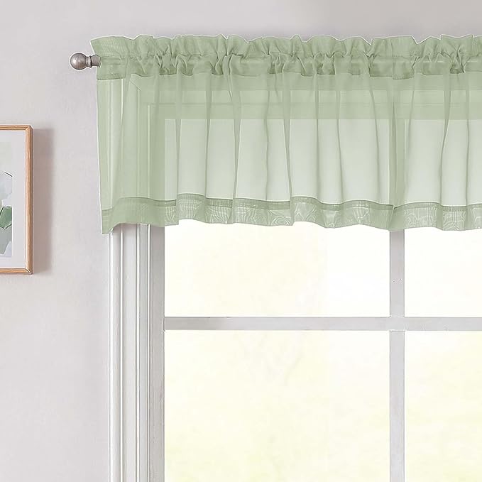 Light Green Valances for Windows, Light Green Sheer Curtains 14 Inch Length 2 Pack Kitchen Drapes, Modern Solid Mini Small Window Curtains for Cafe Bathroom Basement, 42" Wx14 L Inches