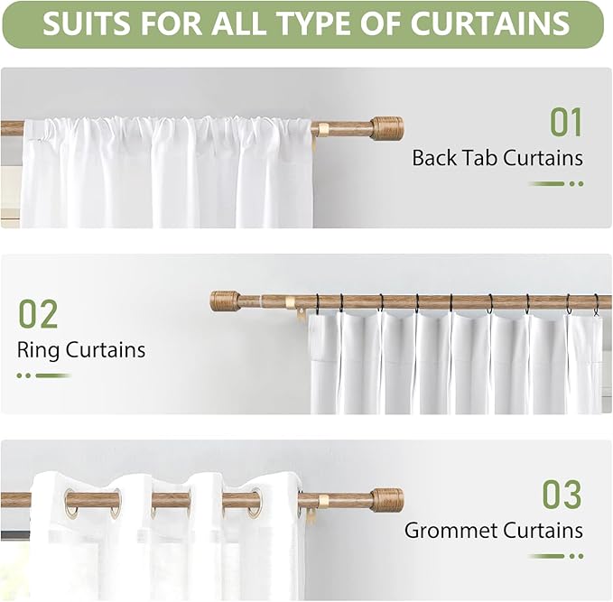 5/8” Diameter Curtain Rods 30-90 Inch, for 30-84 Inch Windows, Adjustable Splicing Wood Grain Curtain Rods for Windows with Brackets, Window Rod Long Small Curtains Rod, 2 Pack