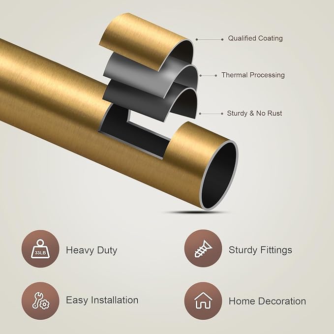 Lootkell 2 Pack Brass Gold Curtain Rods Set for Windows 66 to 120 Heavy Duty 1" Diameter Adjustable Window Single Rods with Solid Metal Finials for Bedroom Living Room Kitchen Farmhouse