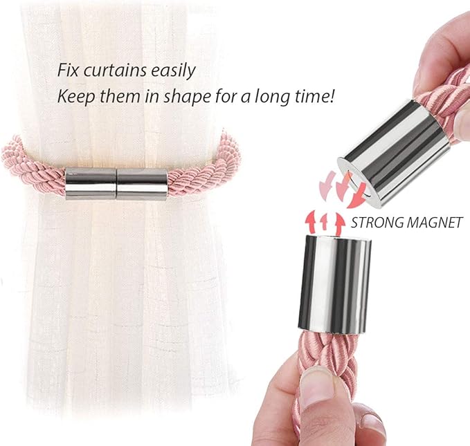 NICEEC 2 Pack Strong Magnetic Curtain Tiebacks Modern Simple Style Drape Tie Backs Convenient Decorative Weave Rope Curtain Holdbacks for Thin or Thick Home & Office Window Draperies (Pink)