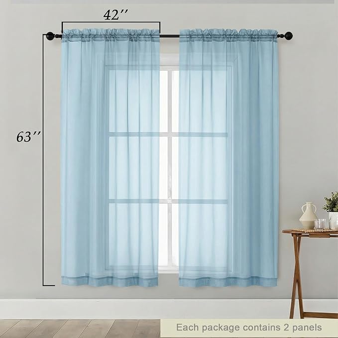 Sheer Curtains 63 Inch Length 2 Panels Set for Living Room Bedroom, Airy Soft Light Filtering Sheer Dining Room Curtains, Modern Rod Pocket Drapes, Sky Blue, Each 42" Wx63 L