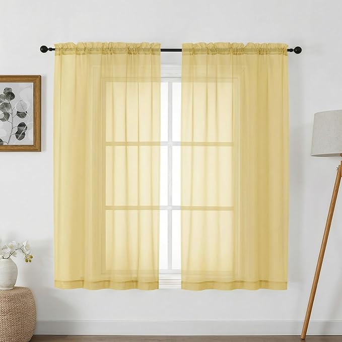 Gwine Sheer Curtains for Bedroom 54 inches Long - Light Filtering Voile Window Curtain Panels, Airy Transparent Rod Pocket Sheer Drapes for Living Room, Each 42Wx54L, 2 Panels, Yellow