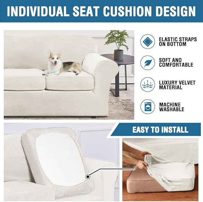 H.VERSAILTEX Real Velvet Plush 3 Piece Stretch Sofa Covers Couch Covers for 2 Cushion Couch Loveseat Covers Width Up to 72 Inch Feature Thick Soft Stay in Place (Medium Sofa, Porcelain White)