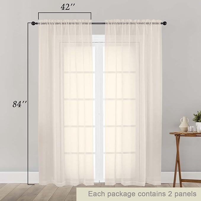 Cream Sheer Curtains 84 Inches Long 2 Panels Set for Bedroom Living Room, Soft Airy Light Filtering Modern Solid Rod Pocket Drapes Window Treatments, Cream, Each 42" W x 84" L
