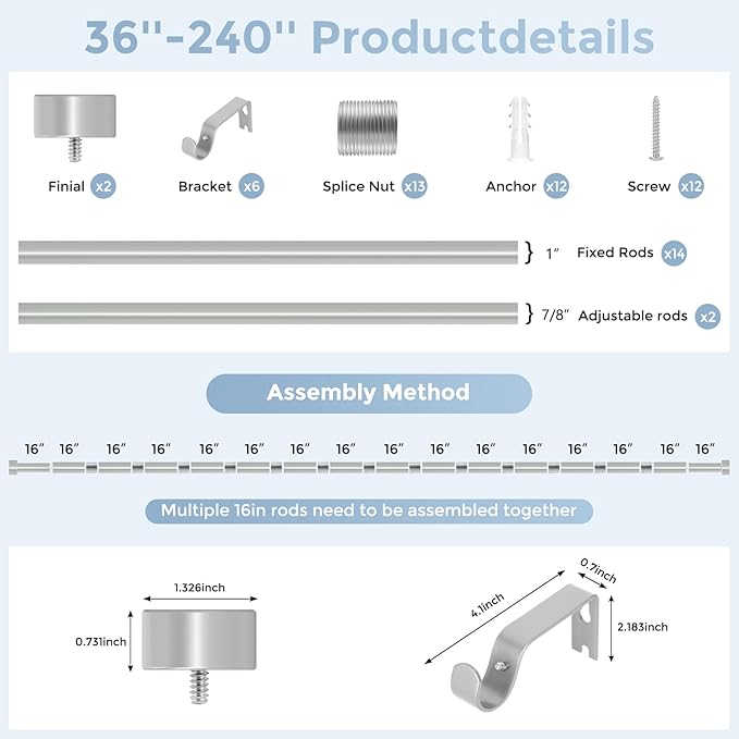 Silver Curtain Rods for Windows 36 to 240 Inch(3-20 Feet),1" Diameter Rods with Modern Style End Cap Finials,Size:36-240 Inch