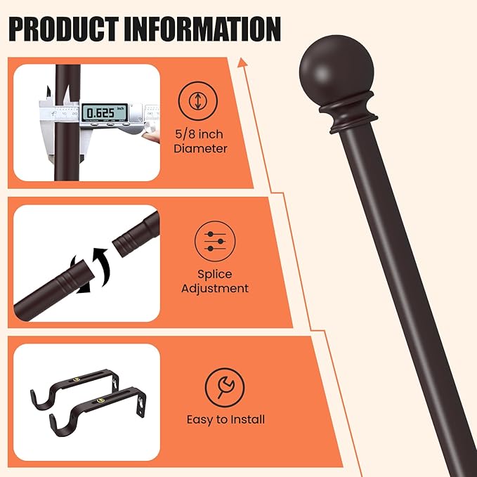 Curtain Rods for Windows 30 to 60 Inch, 5/8 Inch Heavy Duty Decorative Curtain Rod with Ball End Caps, Adjustable Brackets. Easy to install. Brown.