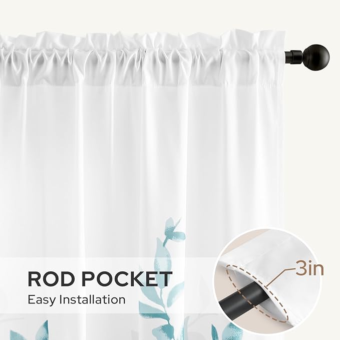 HOMEIDEAS Non-See-Through Teal and White Privacy Sheer Curtains 52 X 63 Inch Length 2 Panels, Leaf Floral Printed Light Filtering Semi Sheer Window Curtains Drapes for Bedroom Living Room