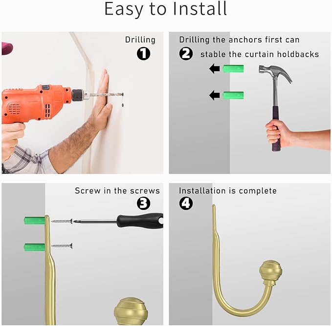Hion Curtain Holdbacks Gold 2pcs, Curtain Tiebacks Wall Mounted Curtain Hooks Holders for Drapes