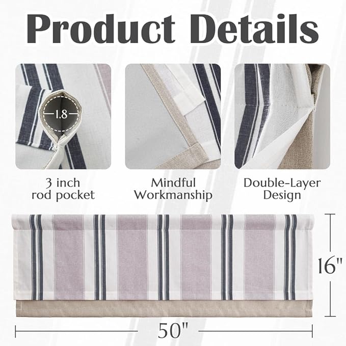 jinchan Striped Linen Curtain 18 Inch Window Treatment for Living Room Small Window Double Layer Blackout Black and Grey Pinstripe Valance Rod Pocket 1 Panel