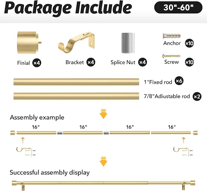 GEEBOBO 2 Pack Gold Curtain Rods for Windows 28 to 48 Inch, 1 Inch Adjustable Heavy Duty Easy Install Curtain Rods Set for Outdoor, Patio, Farmhouse, Bedroom, Living Room (Gold,30"-60",2 Pack)