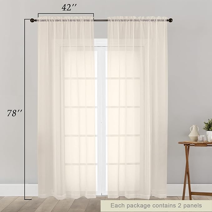 Cream Sheer Curtain for Bedroom Living Room 78 Inches Long 2 Panels Set, Solid Soft Airy Light Filtering Sheer Window Curtains, Modern Rod Pocket Door Curtain, Cream, 42" Wx78 L Inches