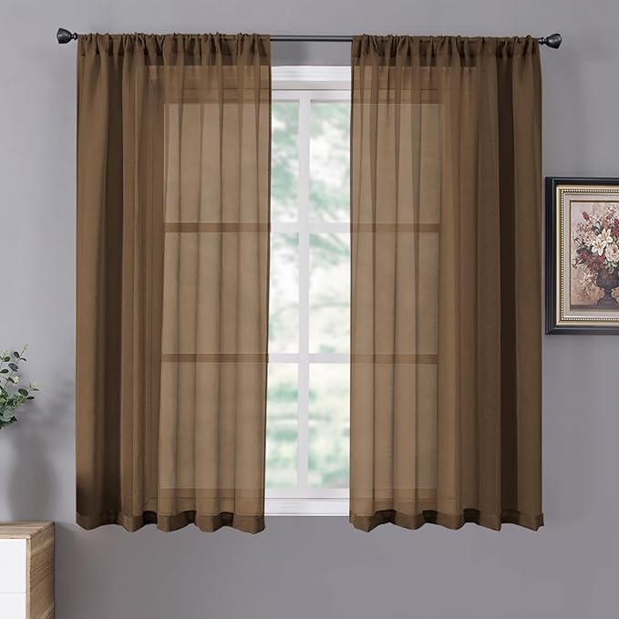 Tollpiz Short Sheer Curtains Living Room Linen Textured Curtain Sheers Light Filtering Voile Rod Pocket Curtains for Bedroom, 38 x 45 inches Long, Brown, Set of 2 Panels