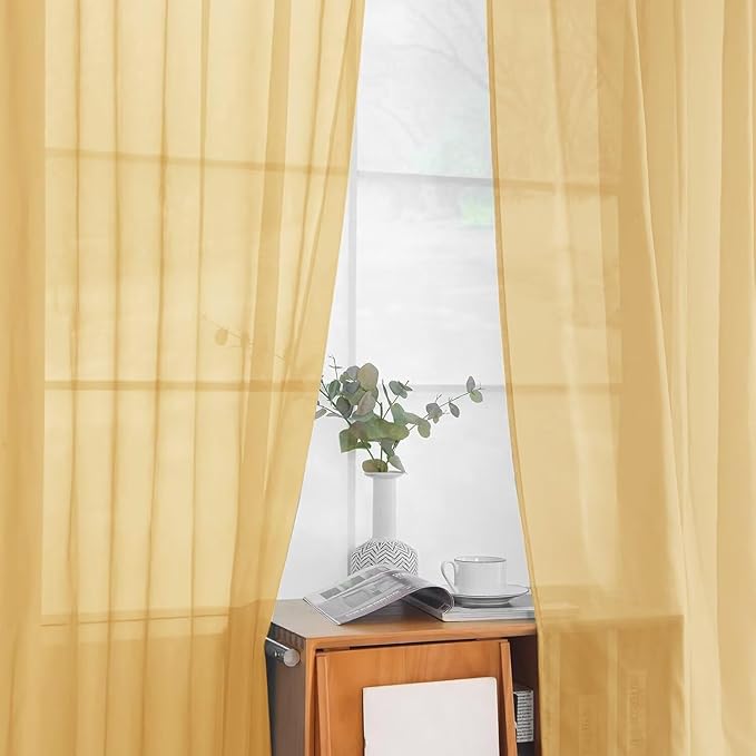 youleyar Solid Sheer Rod Pocket Curtain Voile Draperies 2 Panels White Beige Black Grey Ivory 52 Inch Width 72 Inch Long 1 Pair for Kitchen Bedroom Children Living Room Yard (Gold,52Wｘ72L)