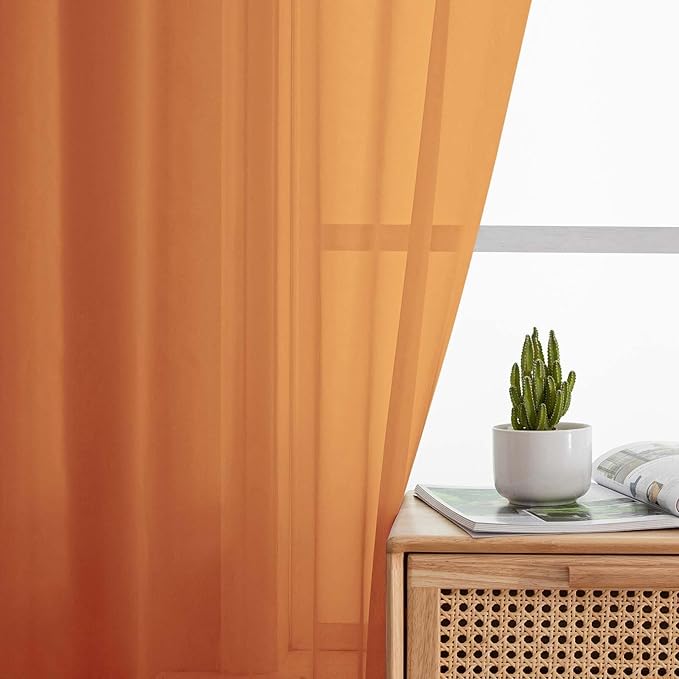 Orange Sheer Curtains 84 Inches Long 2 Panels, Soft Airy Light Filtering Curtains for Bedroom Living Room, Modern Rod Pocket Privacy Drapes Window Treatments, Orange, Total Wide 84 Inch