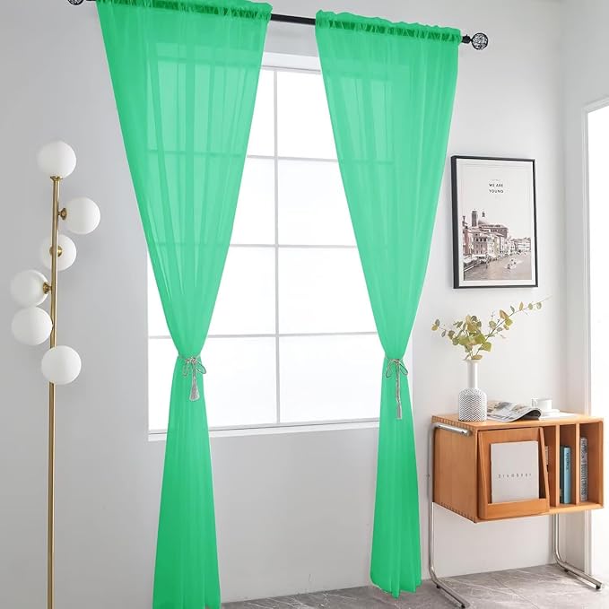 SpaceDresser Basic Rod Pocket Sheer Voile Window Curtain Panels Grass Green 1 Pair 2 Panels 52 Width 84 Inch Long for Kitchen Bedroom Children Living Room Yard（Grass Green, 52W x 84L）