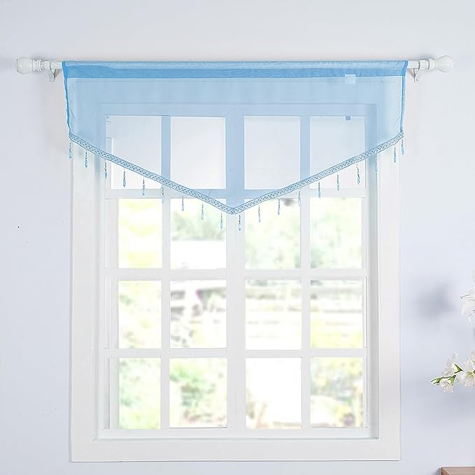 Molaxhome Lace Valance Swag Curtain 51 Inch Scalloped Sheer Curtain Panels with Crystal Beads - Rod Pocket Farmhouse Window Treatment for Kitchen Bedroom 1pc Boho Chic Drape Decor Blue