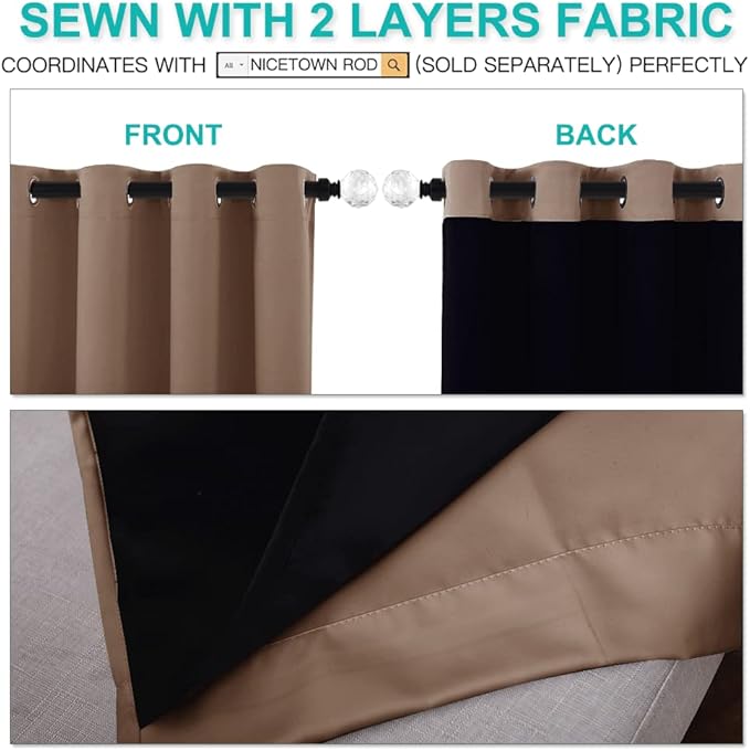 NICETOWN Total Blackout Panels for Nursery, Super Soft, Heavy Duty and Thick Window Treatment Curtains 63 inches Long with Black Lined for Basement, (1 Pair, Cappuccino, 62 inches Wide Each Panel)