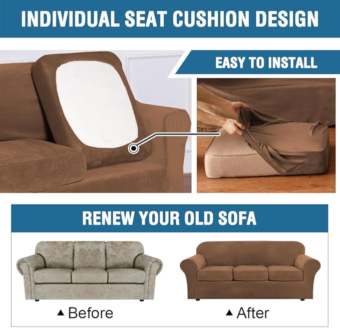 H.VERSAILTEX High Stretch Sofa Slipcover 4 Piece Cover Velvet Furniture Protector Form Fit Thick Velvet Extra Large Sofa Cover for 3 Cushion Couch Width Up to 97 Inch (Large Sofa, Caramel)