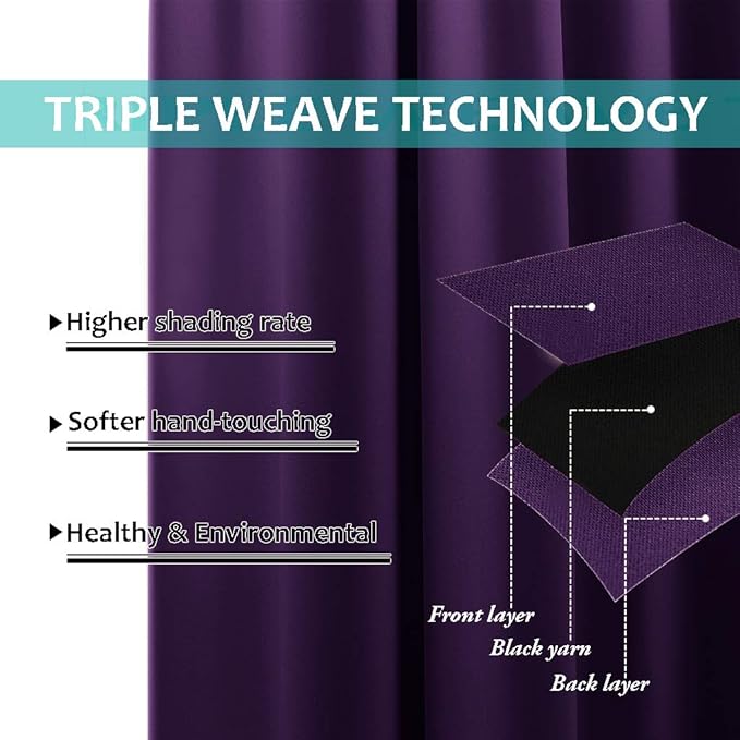 NICETOWN 100% Blackout Curtains with Black Liners, Royal Purple, 2 Panels, 62-inch W by 63-inch L, Thermal Insulated Full Blackout 2-Layer Lined Drapes, Energy Efficiency Window Draperies for Bedroom