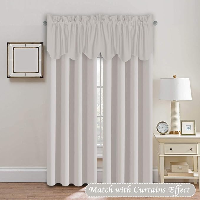 H.VERSAILTEX 2 Panels Blackout Curtain Valances for Kitchen Windows/Living Room/Bathroom Privacy Protection Rod Pocket Decoration Scalloped Window Valance Curtains, 52" W x 18" L, Stone