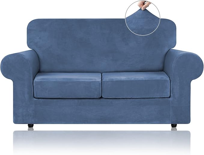 WEERRW Velvet Couch Covers for 2 Cushion Couch Sofa - High Stretch Luxury Velvet Plush 3 Pieces Sofa Slipcovers with Elastic Bottom, Furniture Protector for Pets, Machine Washable, Light Blue, Medium