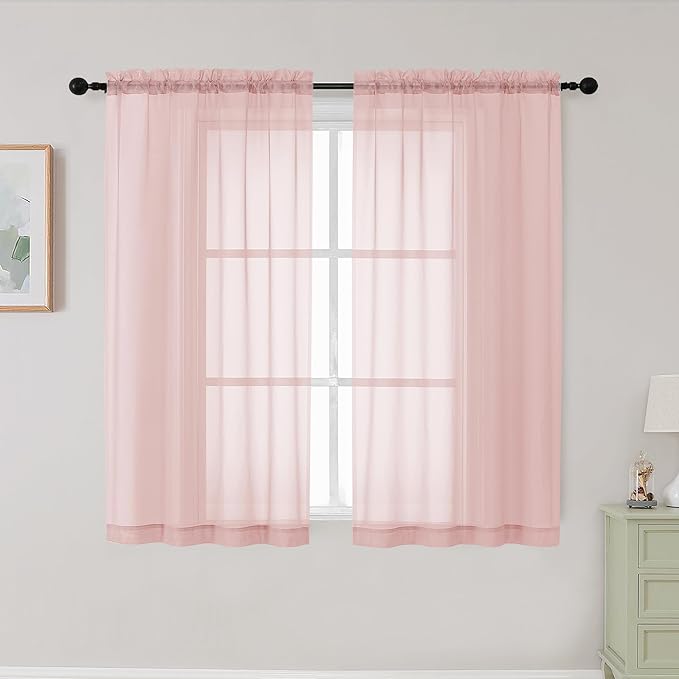 Blush Sheer Curtains for Bedroom Living Room 45 Inch Length 2 Panels, Soft Airy Light Filtering Small Kitchen Window Curtains, Rod Pocket Short Curtain Drapes, Blush, 42" Wx45 L Inches