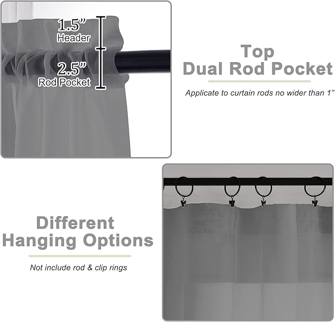 Grey Sheer Curtains for Bedroom Living Room 45 Inch Length 2 Panels, Soft Light Filtering Small Kitchen Window Curtains, Rod Pocket Short Curtain Drapes, Grey, 42" Wx45 L Inches