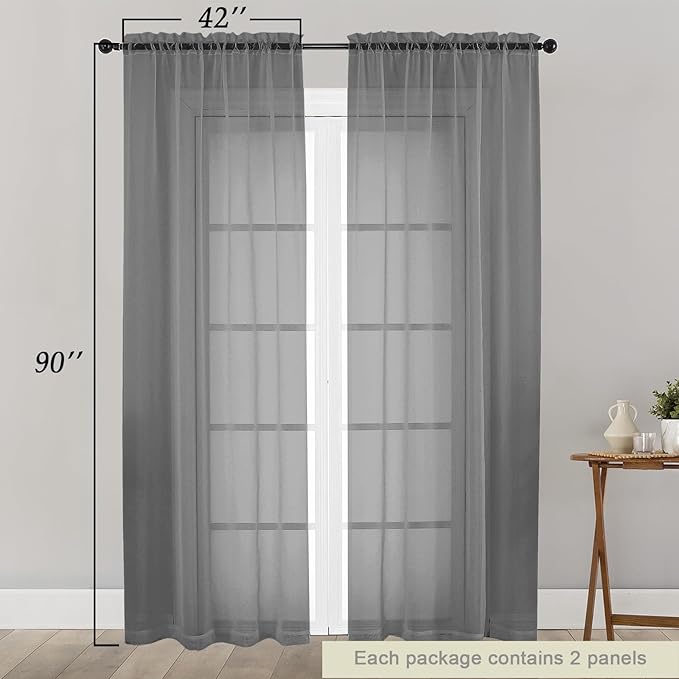 Sheer Grey Curtains for Bedroom Living Room 90 Inches Long 2 Panels Set, Soft Airy Light Filtering Sheer Window Treatments, Modern Rod Pocket Curtains Drapes, Each 42" Wx90 L Inch