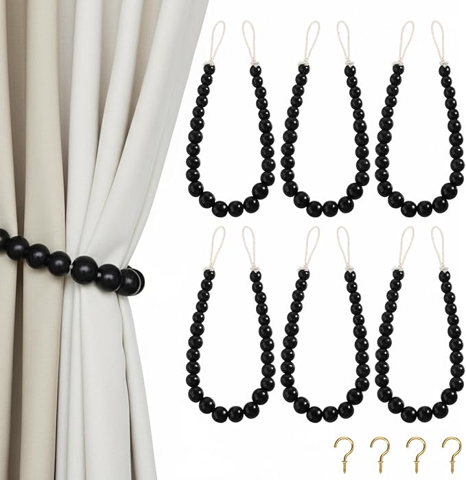 Hion 6 Pcs Boho Curtain Tiebacks,Wood Beads Curtain Holdbacks,Outdoor Farmhouse Tie Backs for Curtains,Curtain Holders for Drapes Home Office Room Decor with Hooks(Black)