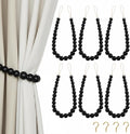Hion 6 Pcs Boho Curtain Tiebacks,Wood Beads Curtain Holdbacks,Outdoor Farmhouse Tie Backs for Curtains,Curtain Holders for Drapes Home Office Room Decor with Hooks(Black)