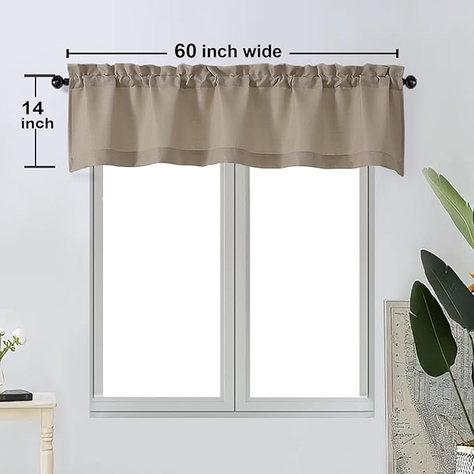 OWENIE Bob 1 PCS Stone Valances for Windows, Faux Linen Textured Kitchen Window Curtains Valance for Bedroom Living Room, Modern Soft Airy Solid Rod Pocket Bathroom Cafe Curtain, 60Wx14L Inch