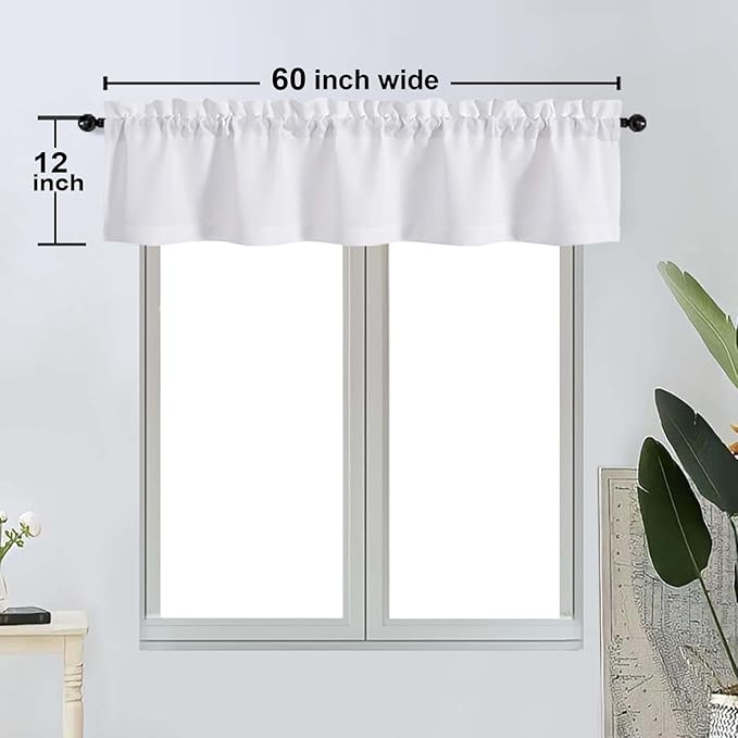 OWENIE Bob 1 PCS White Valances for Windows, Faux Linen Textured Kitchen Window Curtains Valance for Bedroom Living Room, Modern Soft Airy Solid Rod Pocket Bathroom Cafe Curtain, 60Wx12L Inch