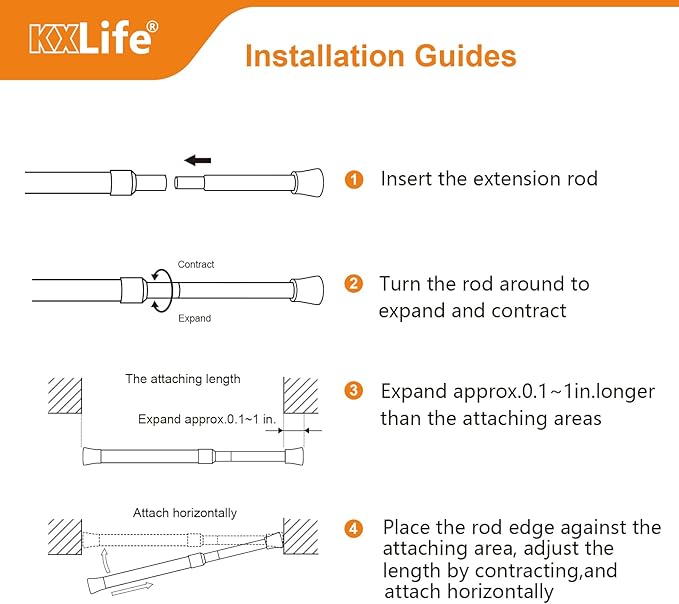KXLife 4 Pcs Tension Curtain Rod 35 to 46 Inches, 5/8" Diameter Spring Curtain Rods, White, Adjustable Expandable Pressure Window Tension Rod No Drill
