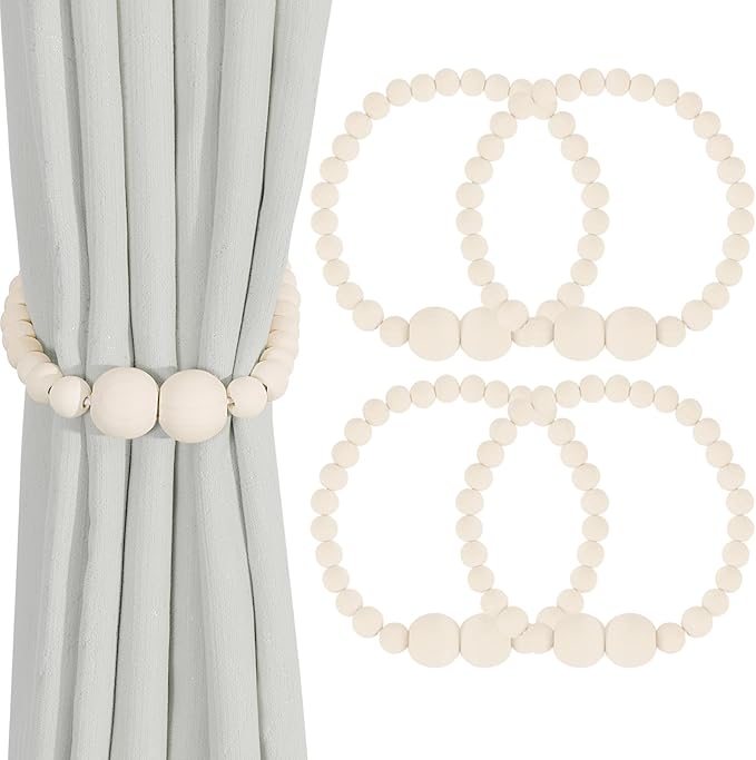 KLOGTSIND Magnetic Curtain Tiebacks, 4 Pack Curtain Holdbacks for Draperies, Wood Bead Curtain Tiebacks, Elegant Curtain Tie Backs for Bedroom Decor, Boho Room Decor, Nursery Decor, Farmhouse Decor