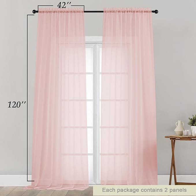 Extra Long Sheer Blush Curtains for Bedroom Living Room 120 Inches Long 2 Panels Set, Solid Soft Light Filtering Rod Pocket Sheer Window Curtains, Blush, Each 42" Wx120 L Inch