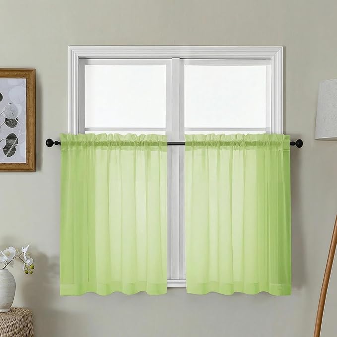 Gwine Short Kitchen Sheer Curtains 30 Inch Length - Light Filtering Voile Small Half Window Curtain for Basement, Rod Pocket Cafe Curtains for Bathroom Cabinet, 42Wx30L Inch, 2 Panels, Lime