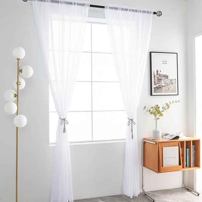 youleyar Sheer Rod Pocket Curtain Voile Draperies 2 Panels White Beige Black Grey Coffee 52 Inch Width 45 Inch Long 1 Pair for Kitchen Bedroom Children Living Room Yard (Optical White,52Wｘ45L)