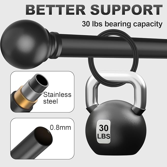 Black Curtain Rods for Bedroom with Brackets,5/8 Inch Diameter Small Window Curtain Rod Adjustable 32 to 60 Inches,Easy Install Drapery Rods