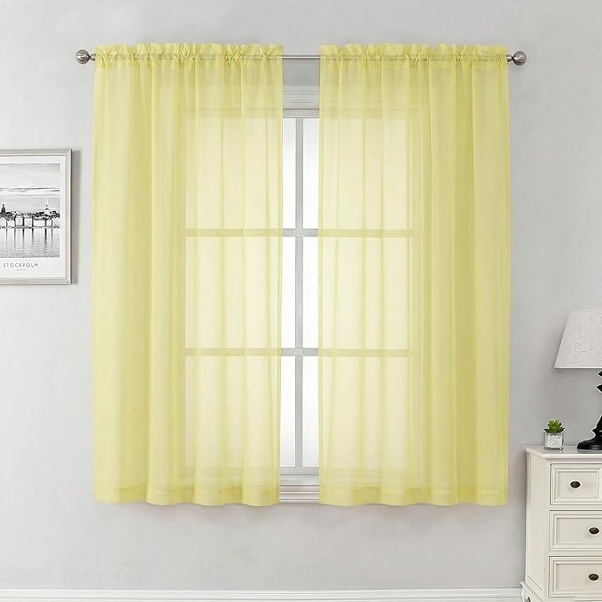 Lecloud Goose Yellow Sheer Curtains 63 Inch Length 2 Panels, Light Filtering Voile Bedroom Curtains with Rod Pocket, Airy Farmhouse Window Drapes for Living Room Dining Room, Each Panel 42" W x 63" L
