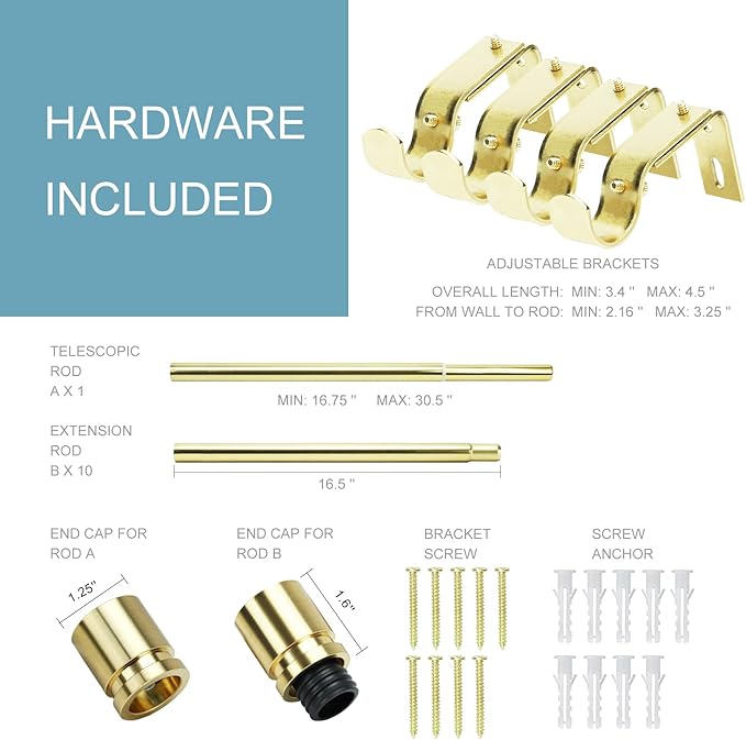 Byondeth Curtain Rods for Windows 16 to 170 Inches Adjustable Length 1 Inch Diameter Window Curtain Rod with Aluminium Finials, Gold