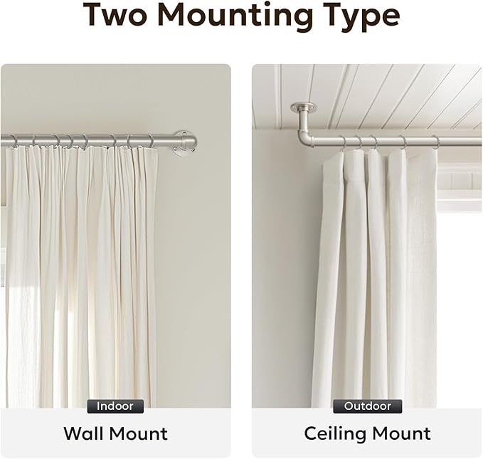 Zeerobee Curtain Rods for Windows 32 to 72, 1 Inch Industrial Wrap Around Brushed Nickel Curtain Rod, Indoor/Outdoor Room Divider Adjustable Drapery Pole, 32"-72"