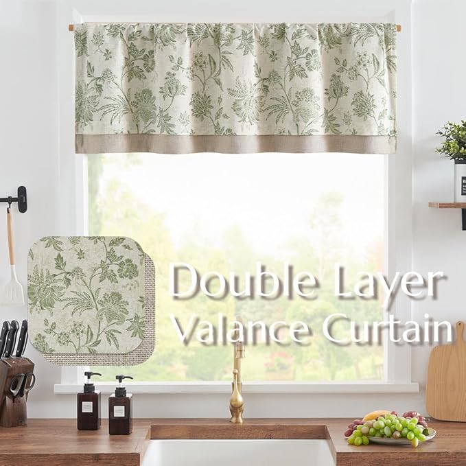 jinchan Floral Valance Curtain Linen Kitchen Valance for Windows 16 Inch Farmhouse Light Filtering Green Floral Short Window Treatment for Living Room 1 Panel Rod Pocket Double Layer Sage on Beige