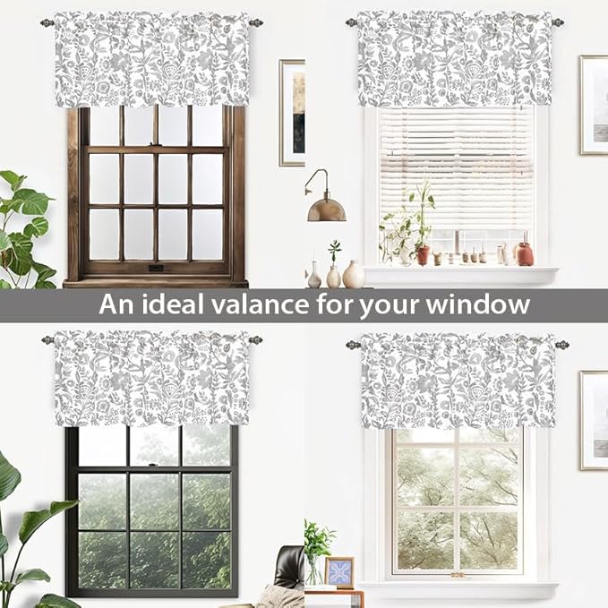DriftAway Julia Watercolor Blooming Flower Floral Lined Thermal Insulated Window Curtain Valance Rod Pocket 52 Inch by 18 Inch Plus 2 Inch Header Gray 1 Pack
