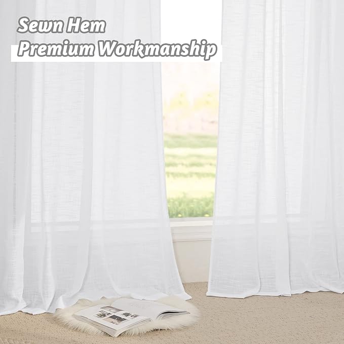 RYB HOME Sheer Curtains White 90 inches Long - Linen Texture Wave Fabric Vertical Window Shades for Sliding Glass Door Balcony Terrace Sun Room Beach Pool House, 52 x 90 inches, 1 Pair